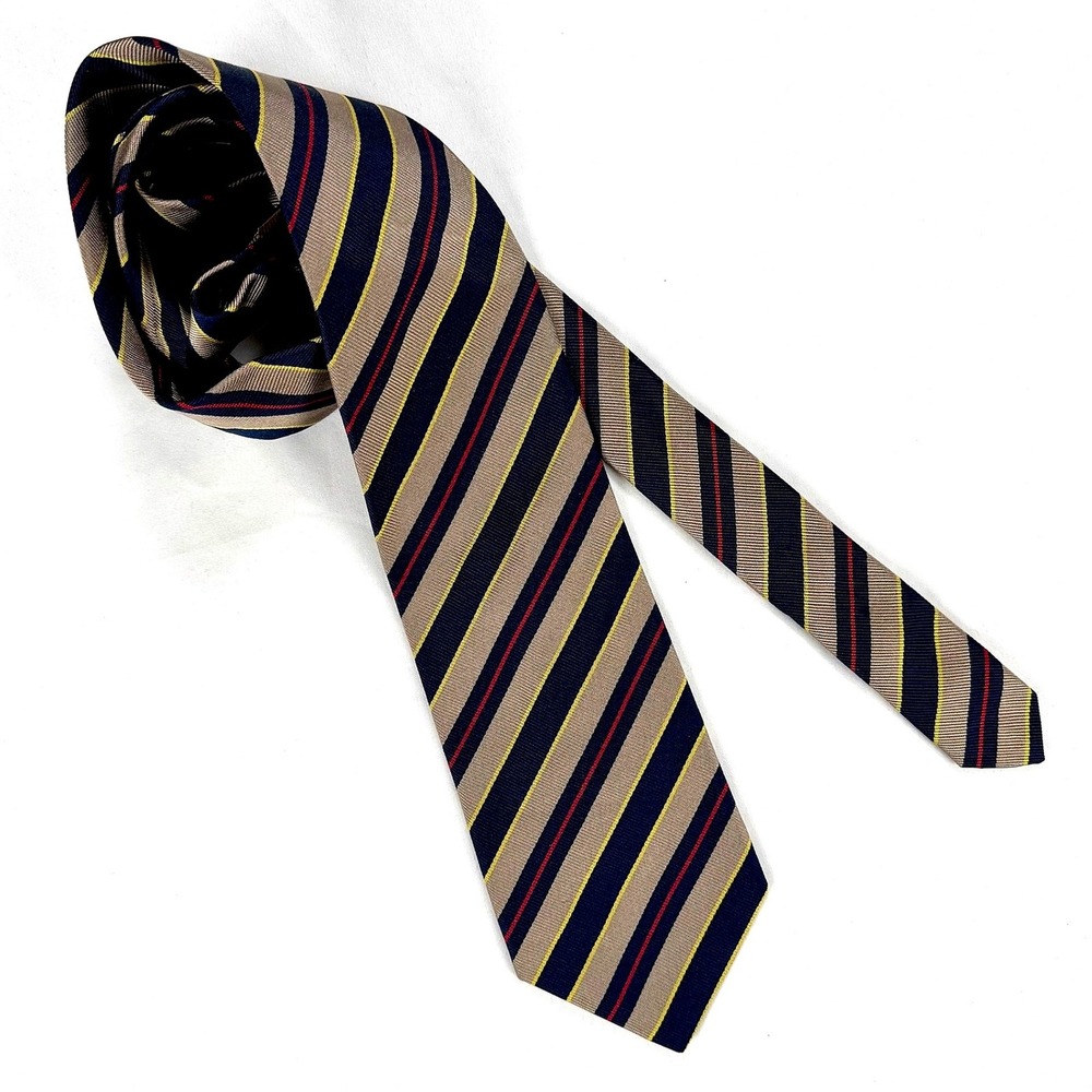 Vintage Tom James Royal Classic Silk Repp Stripe Tie Navy Tan USA Handmade - Picture 2 of 6
